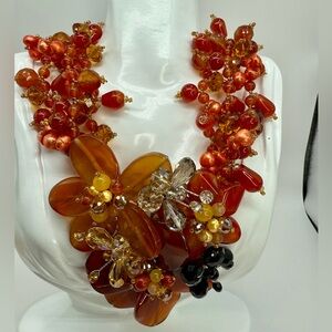 Artisan Floral Butterfly Statement Necklace Carnelian, Pearls, AB Crystals Glass
